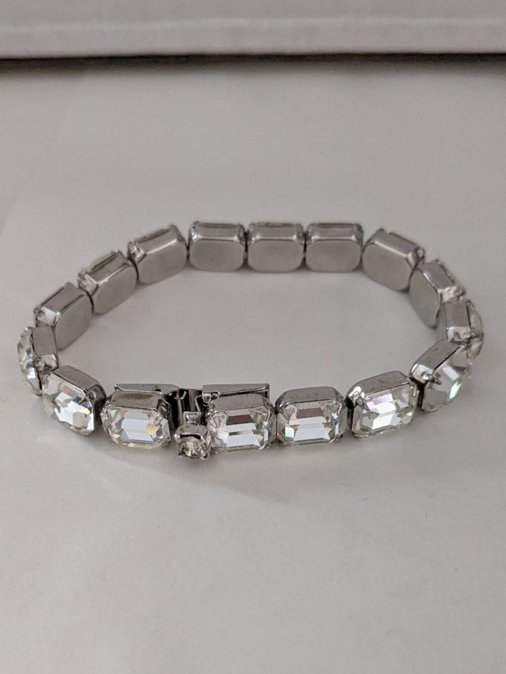 Vintage WEISS Emerald Cut Rhinestone Crystal Silver Tone Bracelet